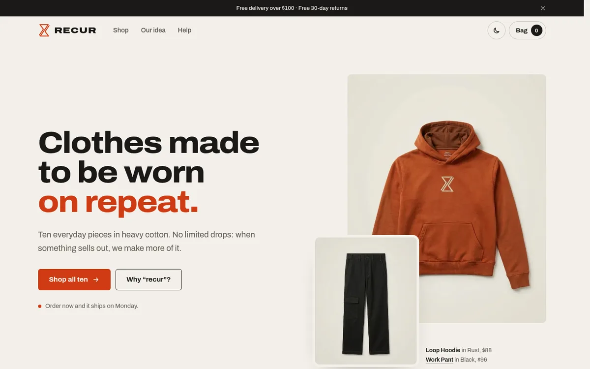 RECUR homepage with the headline “Clothes made to be worn on repeat.” next to photos of a rust hoodie and black trousers